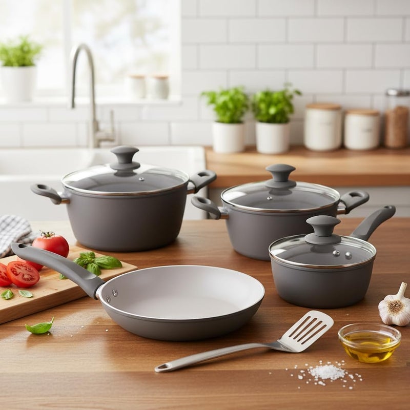 Wilson 7-Piece Cookware Set - Forged Aluminum with Induction Bottom, Includes 16cm Sauce Pan with Glass Lid, 24cm Frypan, 20cm Casserole with Lid, 24cm Casserole with Lid - Grey - Image 2